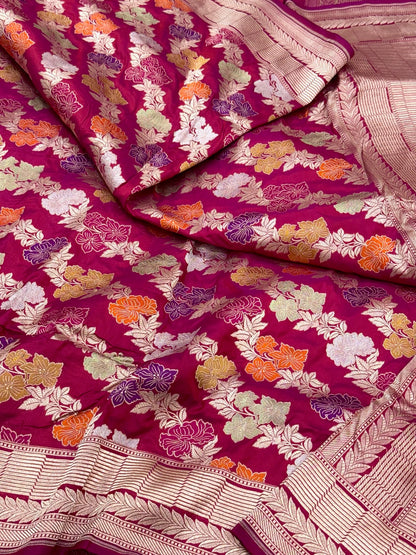 Raspberry Pink Pure Katan Mulberry Silk Handloom Banarasi Saree | Timeless Banarasi Elegance