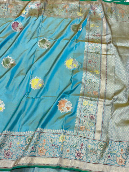 Aqua Blue/Dual Tone Pure Mulberry Katan Silk | Kadhwa Ektara Weave | Handwoven Banarasi Saree - Six Yards of Pure Elegance