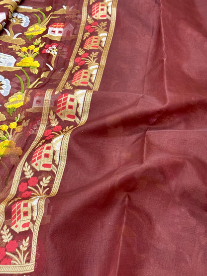 Maroonish Brown Pure Mulberry Kora Silk Saree | Ektara Weave - Soft Drape & Lightweight  Handloom Jamdani Banarasi Saree