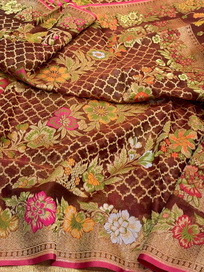 Brown Pure Mulberry Kora Silk Jamdani | Ektara Technique | Handloom Banarasi Saree - The New Classic