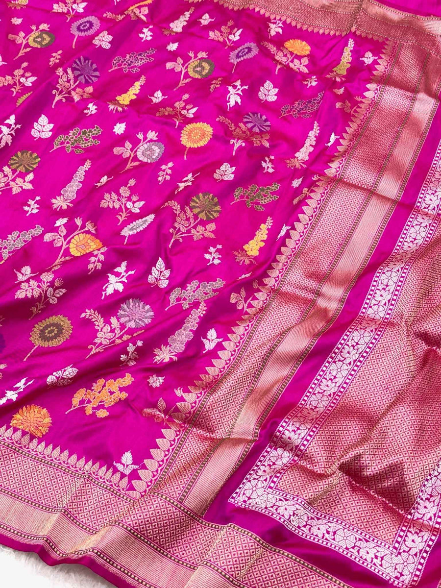 Rani Pink Pure Katan Silk  Handwoven Saree