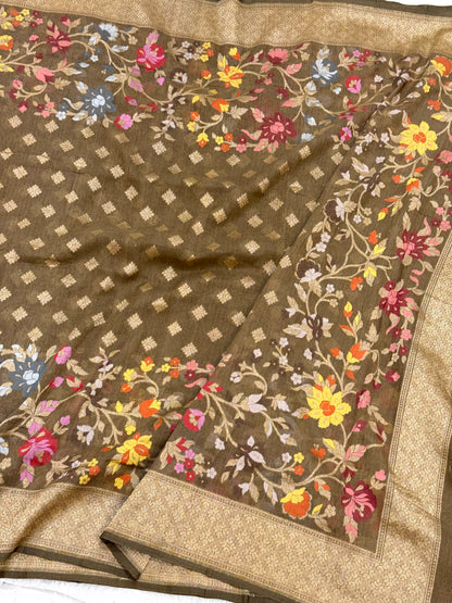 Brown Pure Muslin Cotton Jamdani handloom Banarasi Saree |Ektara Weave|