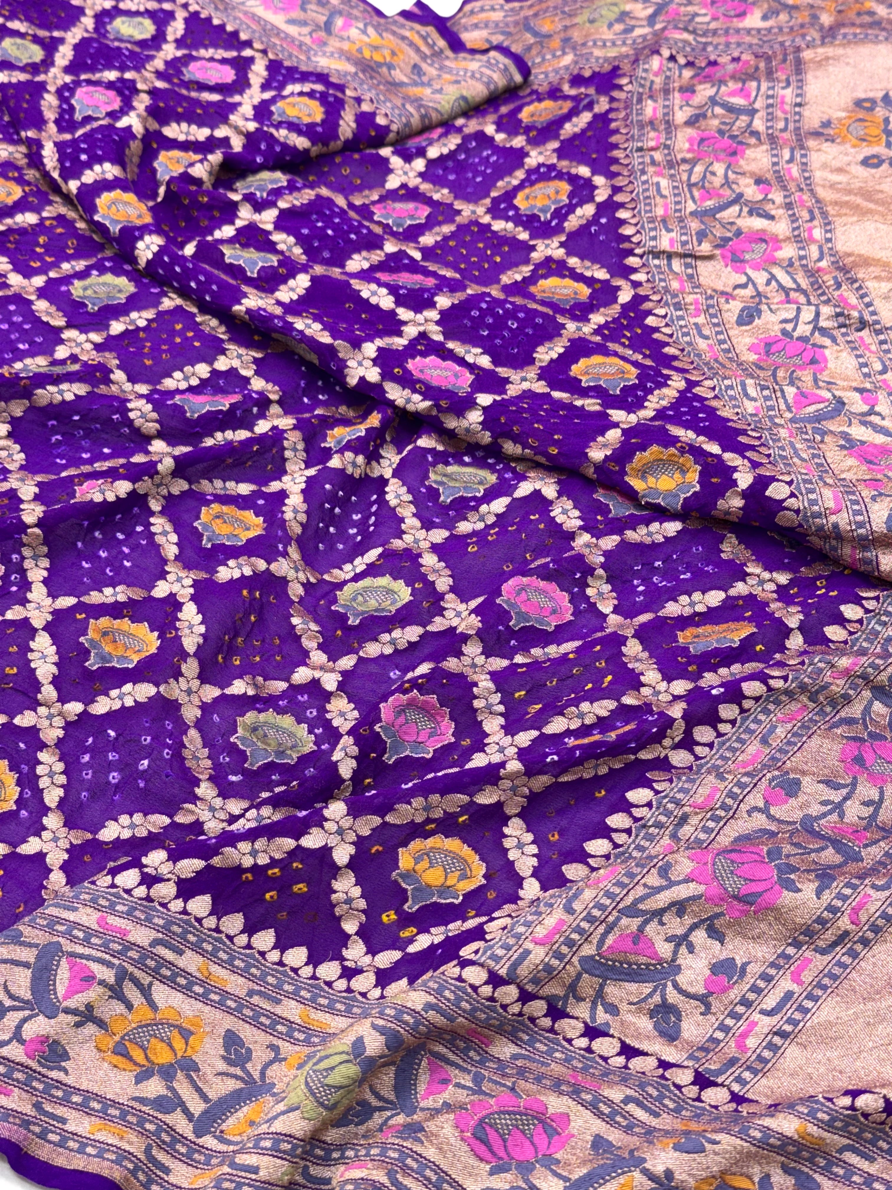 Purple Pure Chiffon Georgette Handloom Banarasi Saree- Bandhej
