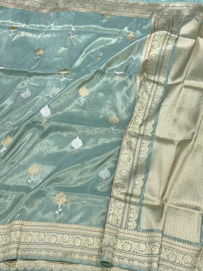 Pastel Aqua Green Handwoven | Kadhwa Technique | Pure Katan Tissue Silk Authentic Banarasi Saree