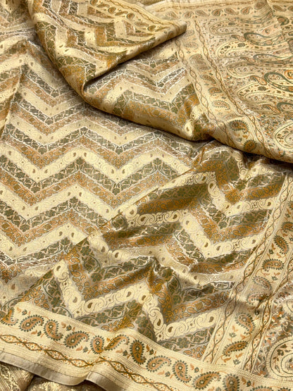 Ivory Pure Satin Silk Handwoven Banarasi Saree |Tanchoi|
