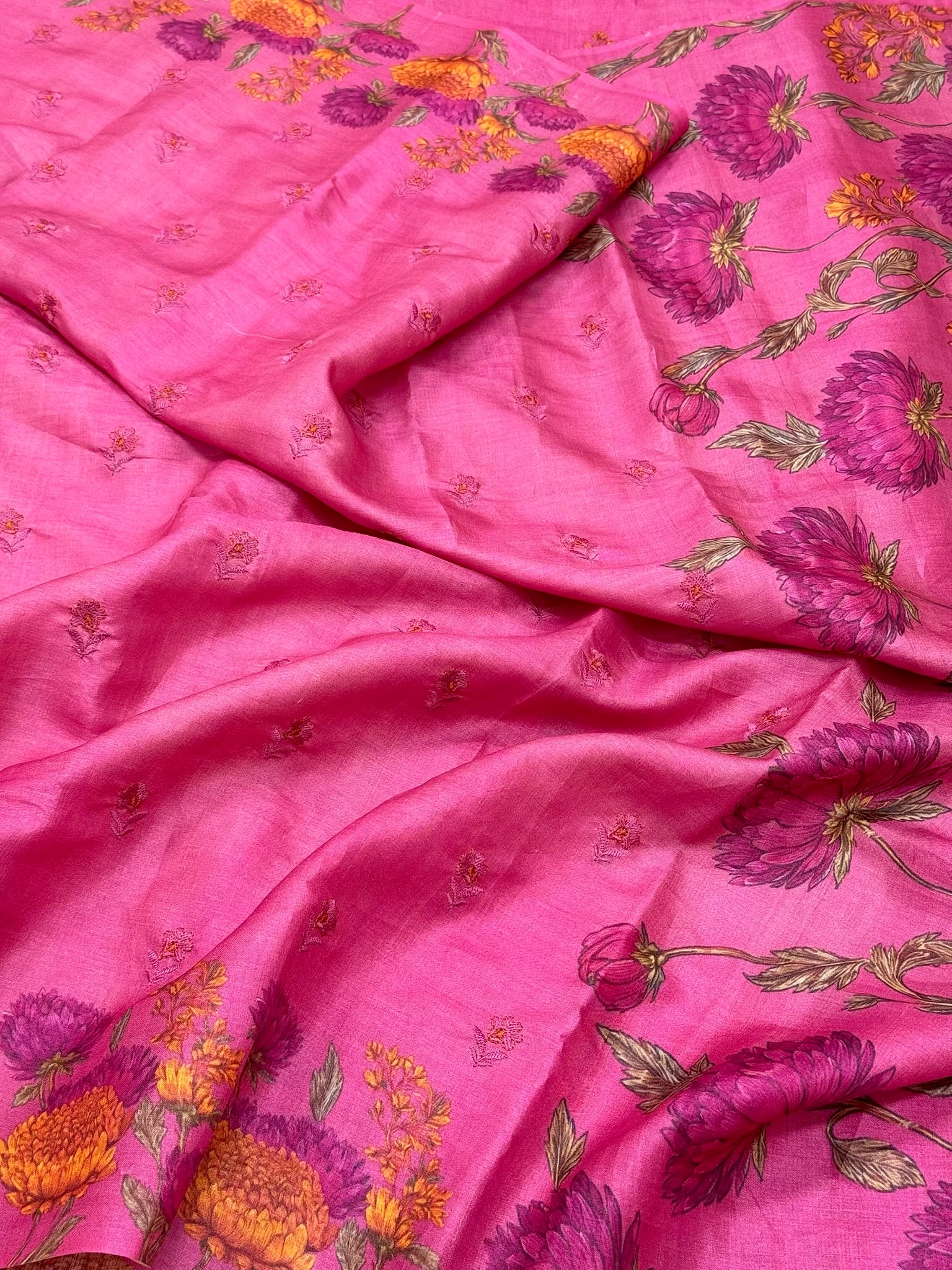 Pink Pure Tussar Silk Handloom Printed with Embroidery Banarasi Saree - Soft Lightweight Banarasi Saree
