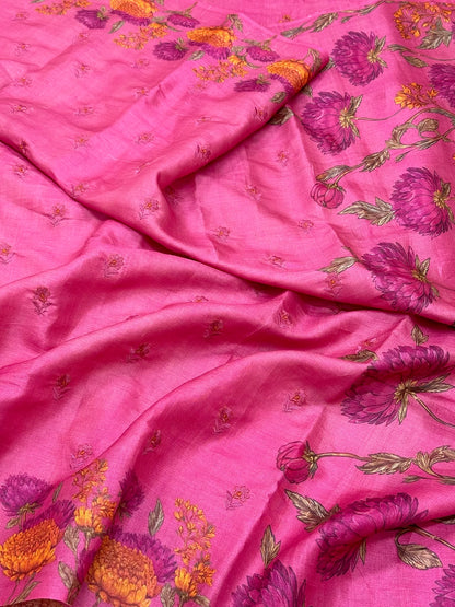 Pink Pure Tussar Silk Handloom Printed with Embroidery Banarasi Saree - Soft Lightweight Banarasi Saree