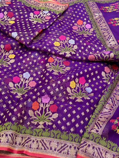 Purple Banarasi Ektara Jamdani Saree | Pure Kora Mulberry Silk Modern Handloom Lightweight Saree