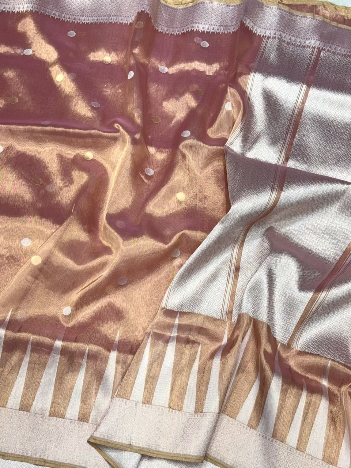 Dusty Rose Gold Pure Tissue Silk Saree - Kadhwa Tecnique | Pure Kora Silk Handwoven Banarsi Saree
