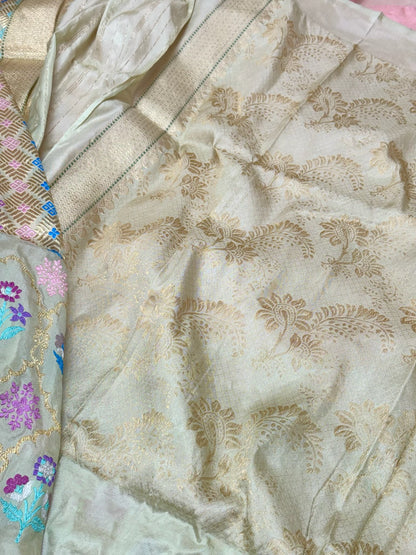Baby Pink/ Pastel Pista Green Authentic Premium Banarasi Saree - Pure Katan Mulberry Silk | Kadhwa + Ektara + Kadhiyal Technique | Handwoven Saree