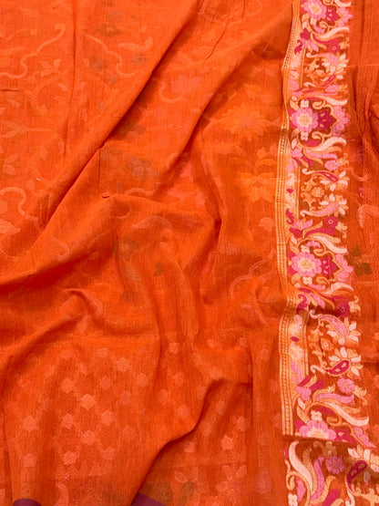 Orange Exclusive Ektara Jamdani Handloom Banarasi Saree | Pure Muslin Cotton Contemporary Banarasi Saree