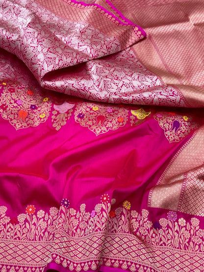 Pink Pure Katan Mulberry Silk Handwoven | Kadhwa Technique | Banarasi Modern Brocade Saree