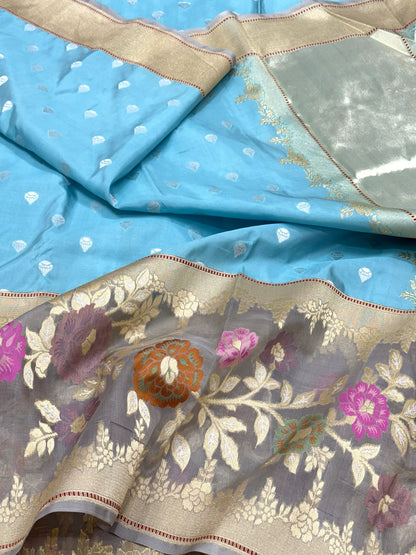 Light Blue Pure Katan Silk & Mulberry Silk Handwoven | Kadhwa Technique |Authentic Banarasi Modern Saree