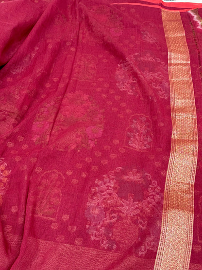 Berry Pure Muslin Cotton Jamdani Ektara Weave Handloom Banarasi Saree