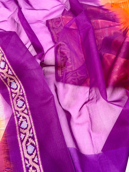 Orange Pure Kora Silk Ektara Weave Lightweight Handloom Banarasi Silk Saree