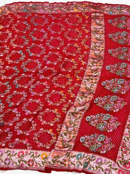 Red Pure Chiffon Georgette Handloom Authentic Banarasi Bandhej Saree - Heritage In A New Light