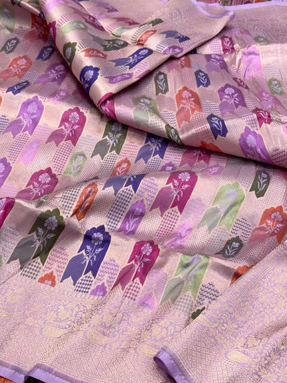 Lilac Pink Handloom Banarasi Saree | Pure Katan Mulberry Silk Banarasi Rangkaat Saree - The New Classic