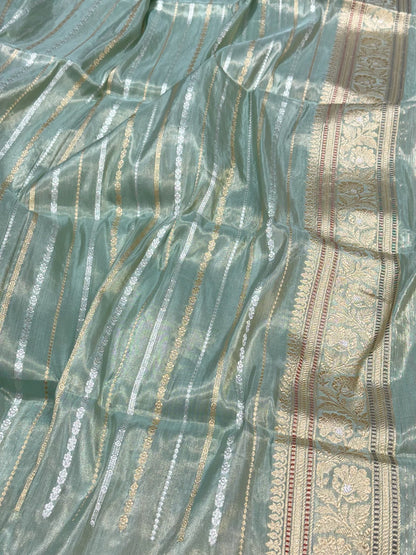 Pastel Aqua Green Handwoven | Ektara Kadhwa Technique | Pure Double Katan Tissue Silk Authentic Banarasi Saree