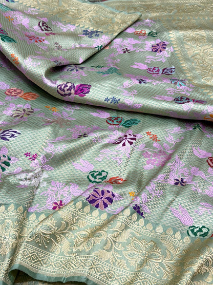 Light Sea Green Pure Katan Silk & Mulberry Silk Handwoven | Kadhwa Technique | Premium Luxury Banarasi Brocade Saree