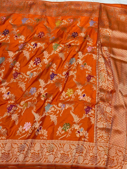 Orange Pure Mulberry Double Katan Silk Handwoven Banarasi Saree | Kadhwa Weave |