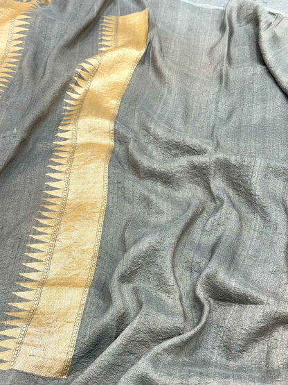 Smoke Gray Pure Tussar Georgette Silk Banarasi Saree - Kadhwa Weave
