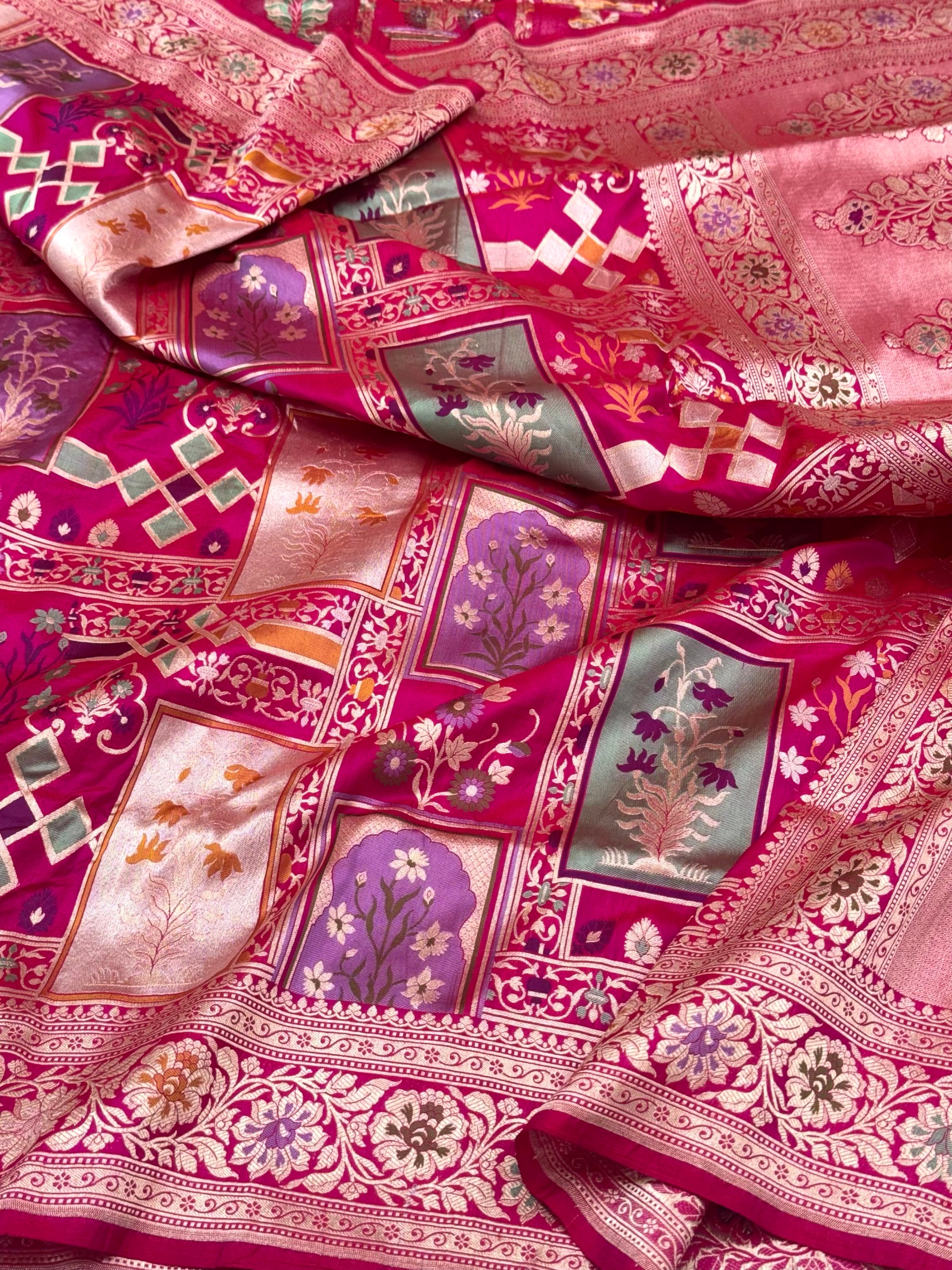 Rani Pink Pure Katan Silk Handloom Banarasi Saree- Rangkaat pattern
