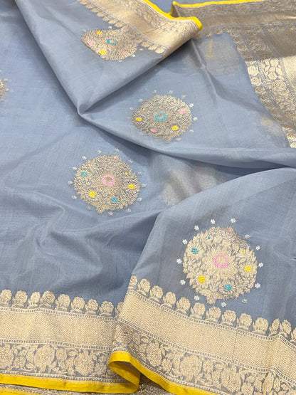 Lilac Blue Pure Kora Mulberry Silk | Kadhwa Technique | Handwoven Lighweight Banarasi Modern Saree