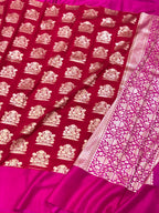 Red Pure Mulberry Muga And Satin Silk Banarasi Saree - Lightweight soft drape