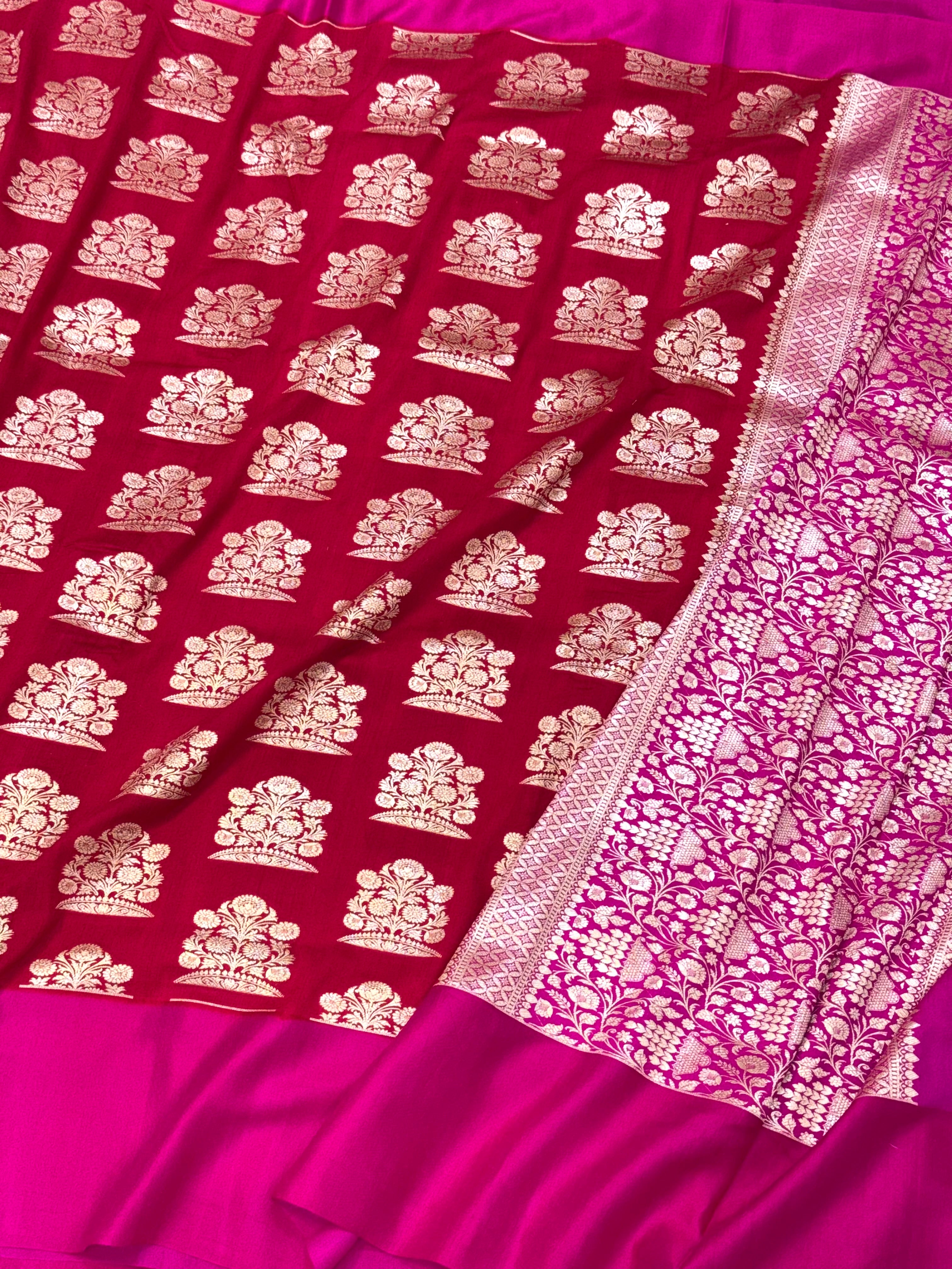 Red Pure Mulberry Muga And Satin Silk Banarasi Saree - Lightweight soft drape