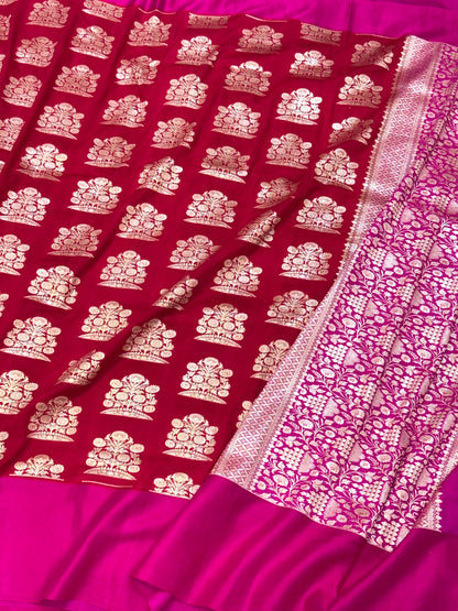 Red Pure Mulberry Muga And Satin Silk Banarasi Saree - Lightweight soft drape