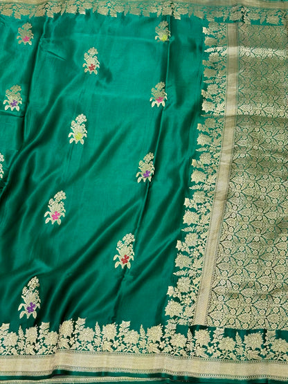 Emerald Green Pure Mashru Satin Silk | Kadhwa Weave | Handwoven Banarasi Saree - Rooted Elegance