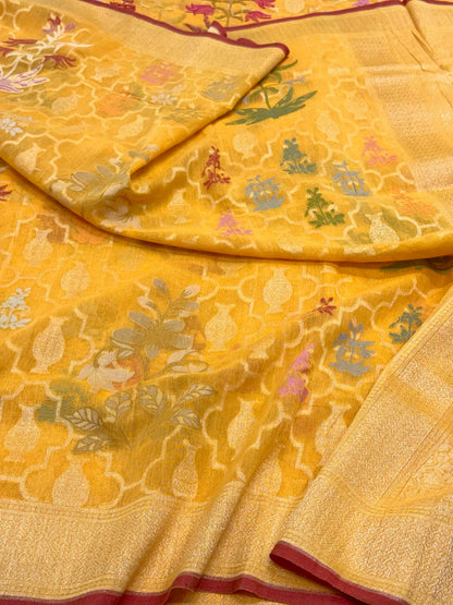Gold Yellow Pure Muslin Cotton Jamdani | Ektara Technique | Handloom Banarasi Saree