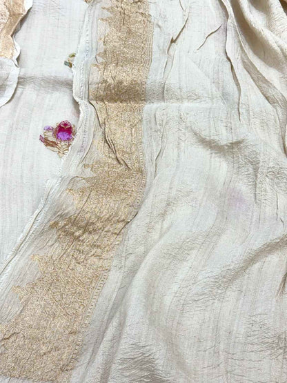 Ivory Pure Tussar Georgette Silk Handwoven Banarasi Saree With Kadhwa Weave