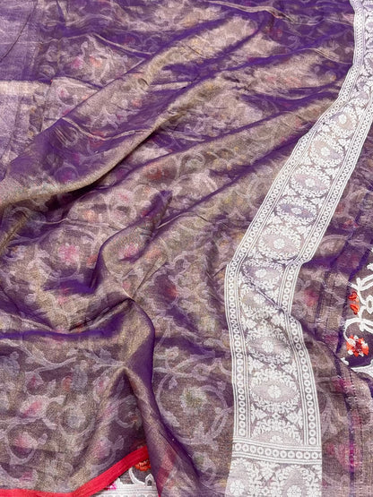 Dark Berry Purple Pure Cotton Tissue Jamdani Handloom Banarasi Saree | Ektara Weave