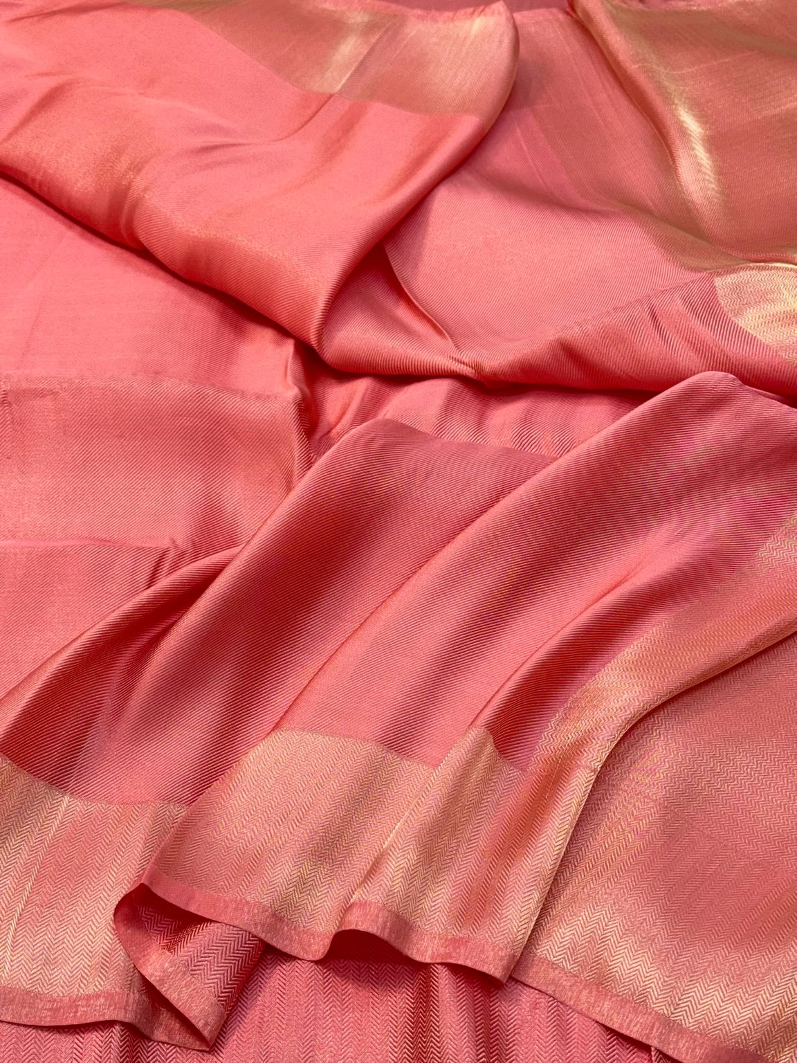 Peach Pink Modern Pure Double Silk Tissue Handwoven Contemporary Banarasi Soft Saree