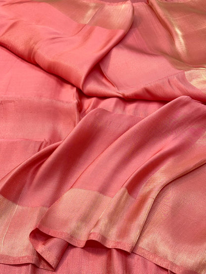 Peach Pink Modern Pure Double Silk Tissue Handwoven Contemporary Banarasi Soft Saree