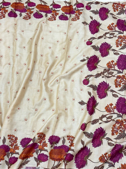 Ivory Pure Tussar Silk Handloom Printed with Embroidery Banarasi Saree - Soft Lightweight Banarasi Saree