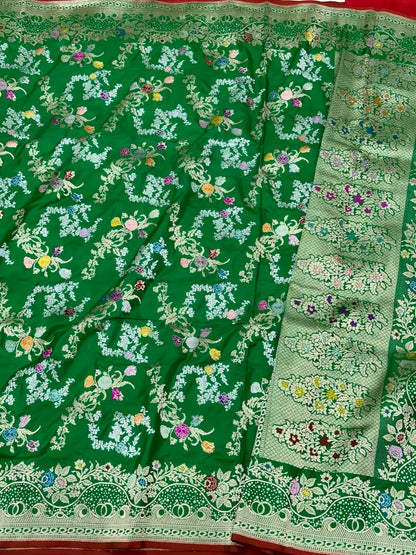 Green Pure Double Katan Mulberry Silk Handwoven Banarasi Kadhwa Weave Saree