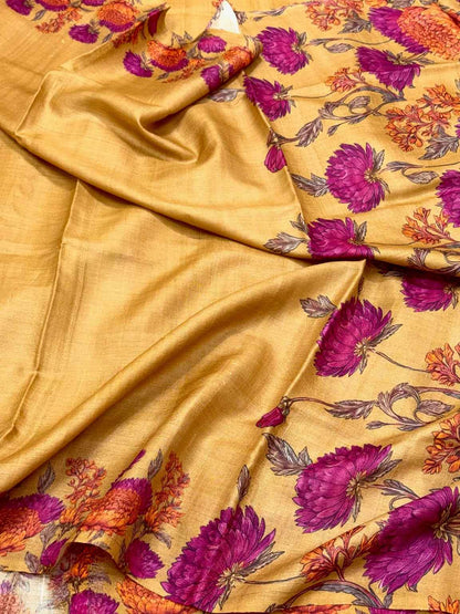Mustard Yellow Pure Tussar Silk Handloom Printed Banarasi Saree - Soft Lightweight Banarasi Saree
