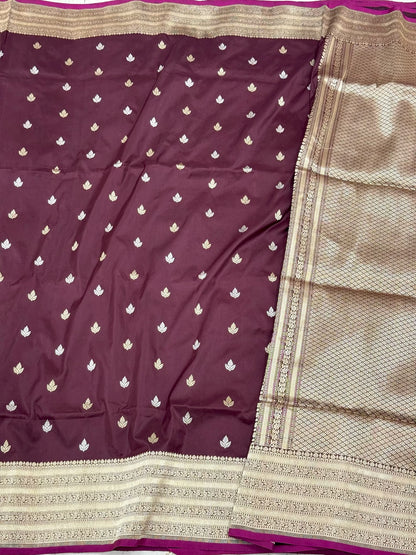 Wine Pure Mulberry Katan Silk Handwoven Banarasi Saree | Kadhwa Weave