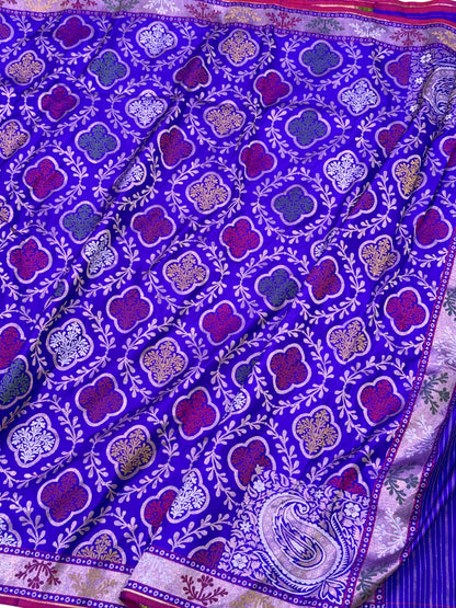 Blue Pure Double Katan Silk Jamdani Handloom Banarasi Saree- Ektara Weave