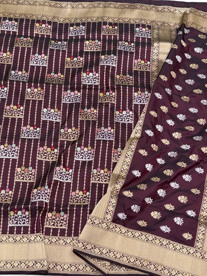 Wine Pure Double Katan Silk Saree | Pure Mulberry Silk Handwoven ( Kadhwa Technique ) Banarasi Saree