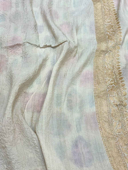 Ivory Pure Tussar Georgette Silk Banarasi | Kadhwa Weave | Handwoven Authentic Banarasi Saree