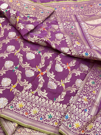 Magenta Purple Pure Katan Silk Handwoven Banarasi Saree |Kadhuwa Weave|