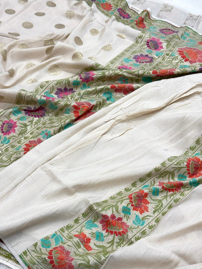 Ivory Pure Tussar Georgette Handwoven Banarasi Silk Saree