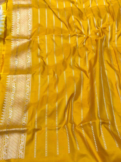 Mustard Yellow Pure Katan Silk Saree | Kadhwa Technique | Pure Mulberry Silk Banarasi Handwoven Saree