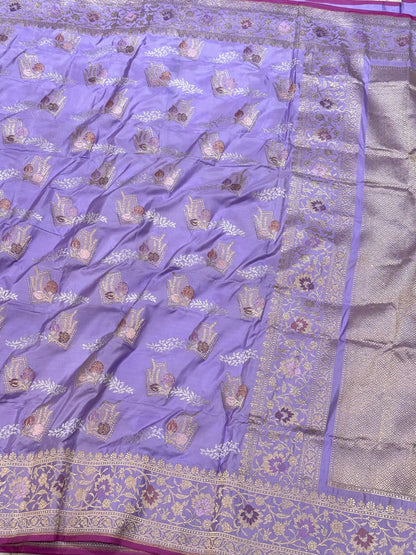Lavender Pure Mulberry Double Katan Silk | Kadhwa Weave | Handwoven Banarasi Saree
