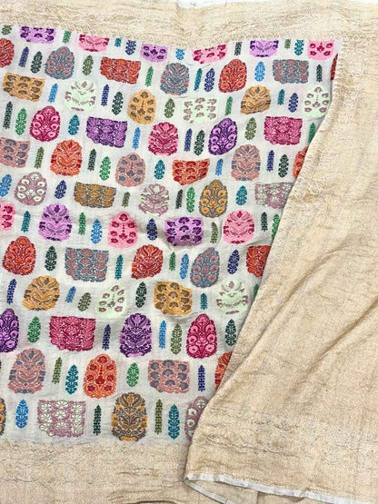 Ivory Pure Tussar Georgette Silk Banarasi | Kadhwa Weave | Handwoven Authentic Banarasi Saree