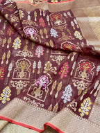 Brown Pure Kora Organza Silk Ektara Jamdani Handwoven Banarasi Saree