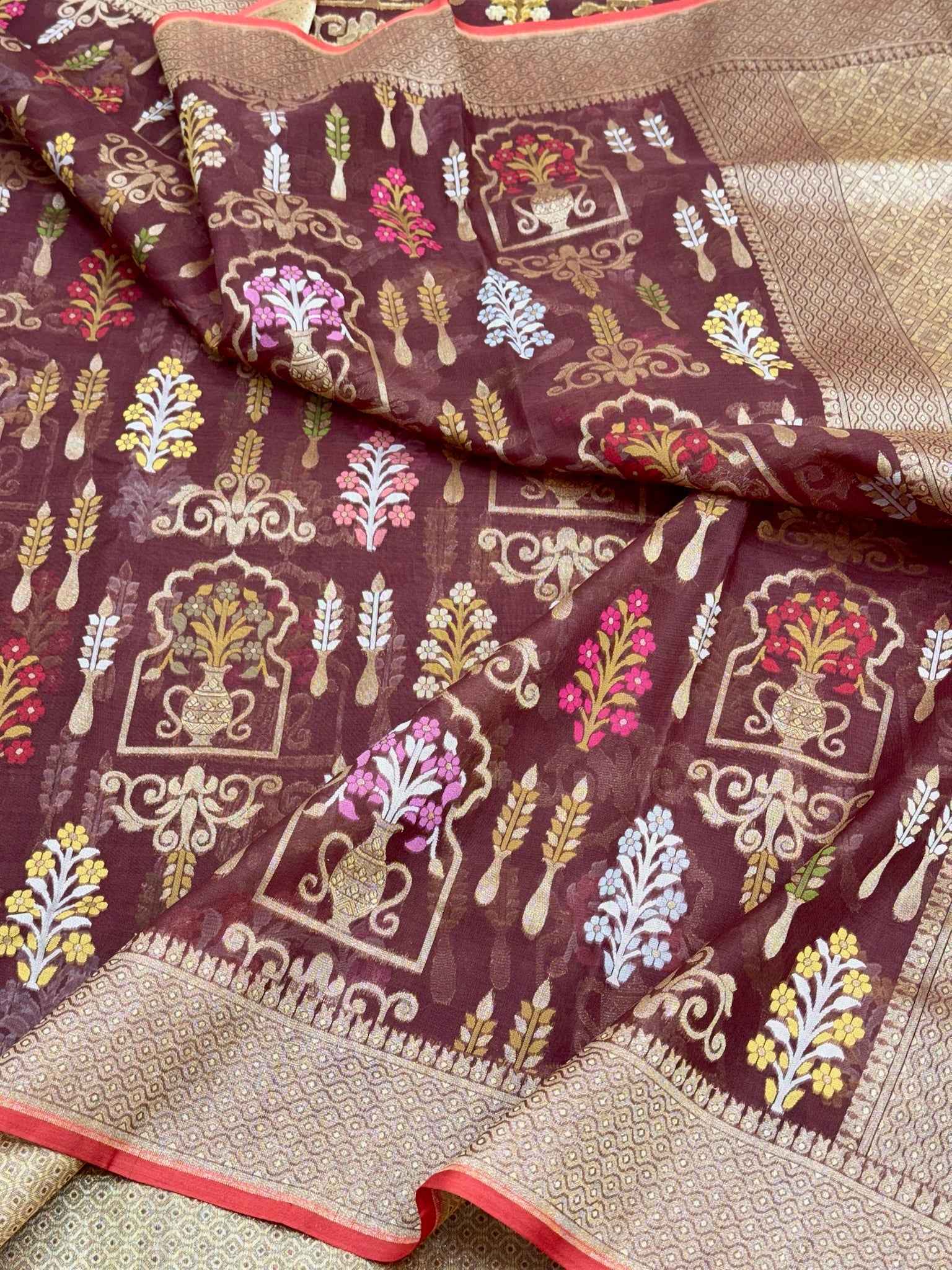 Brown Pure Kora Organza Silk Ektara Jamdani Handwoven Banarasi Saree